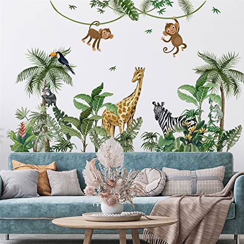 Large Size Tropical Palm Green Leaf Plant Animals Jungle Wall Decals For Kids Room Bedroom Cute Monkey Zebra Giraffe Big Vinyl Self-adhesive Wallpaper Peel and Stick Woodland Forest Kindergarten Decoration Sticker Removable DIY Nursery Mural