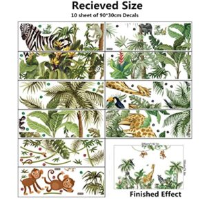 Large Size Tropical Palm Green Leaf Plant Animals Jungle Wall Decals For Kids Room Bedroom Cute Monkey Zebra Giraffe Big Vinyl Self-adhesive Wallpaper Peel and Stick Woodland Forest Kindergarten Decoration Sticker Removable DIY Nursery Mural