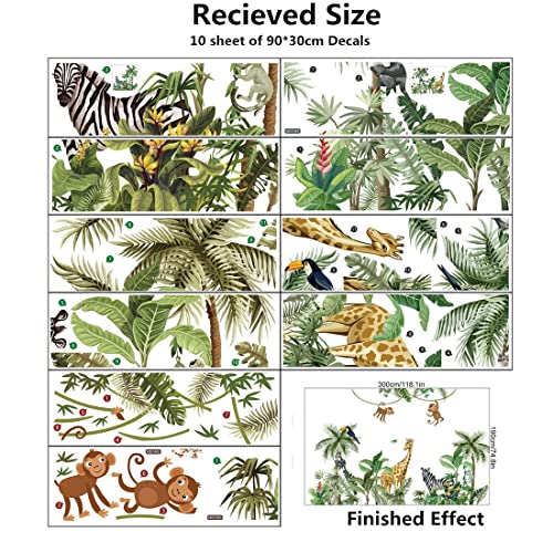 Large Size Tropical Palm Green Leaf Plant Animals Jungle Wall Decals For Kids Room Bedroom Cute Monkey Zebra Giraffe Big Vinyl Self-adhesive Wallpaper Peel and Stick Woodland Forest Kindergarten Decoration Sticker Removable DIY Nursery Mural