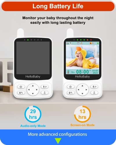 HelloBaby Monitor with 29Hour Battery Life and 4" IPS Screen, No WiFi, Video Baby Monitor with Camera and Audio 1000ft Long Rang Auto Night Vision 2 Way Audio Temperature VOX Mode for Baby Pet Eldly