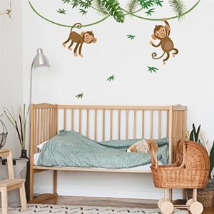 Large Size Tropical Palm Green Leaf Plant Animals Jungle Wall Decals For Kids Room Bedroom Cute Monkey Zebra Giraffe Big Vinyl Self-adhesive Wallpaper Peel and Stick Woodland Forest Kindergarten Decoration Sticker Removable DIY Nursery Mural