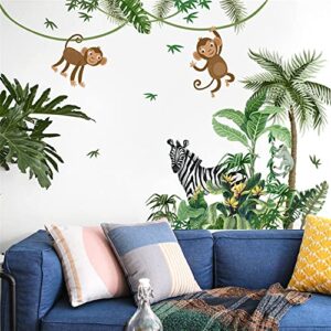 Large Size Tropical Palm Green Leaf Plant Animals Jungle Wall Decals For Kids Room Bedroom Cute Monkey Zebra Giraffe Big Vinyl Self-adhesive Wallpaper Peel and Stick Woodland Forest Kindergarten Decoration Sticker Removable DIY Nursery Mural