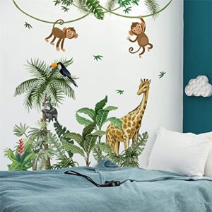 Large Size Tropical Palm Green Leaf Plant Animals Jungle Wall Decals For Kids Room Bedroom Cute Monkey Zebra Giraffe Big Vinyl Self-adhesive Wallpaper Peel and Stick Woodland Forest Kindergarten Decoration Sticker Removable DIY Nursery Mural