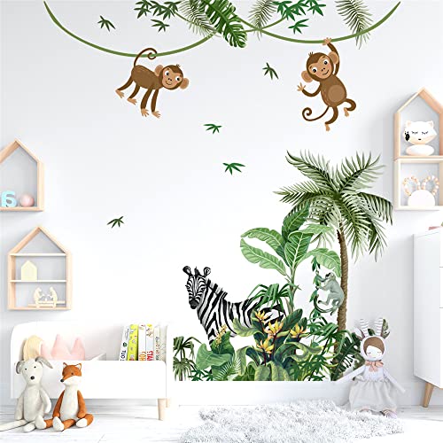 Large Size Tropical Palm Green Leaf Plant Animals Jungle Wall Decals For Kids Room Bedroom Cute Monkey Zebra Giraffe Big Vinyl Self-adhesive Wallpaper Peel and Stick Woodland Forest Kindergarten Decoration Sticker Removable DIY Nursery Mural