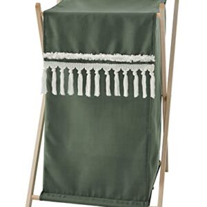 Sweet Jojo Designs Dark Green Boho Chic Baby Kid Clothes Laundry Hamper - Solid Sage Hunter Ivory Bohemian Gender Neutral Linen Tassel Macrame Modern Farmhouse Designer Minimalist Tuft Fringe