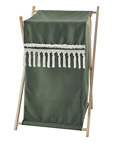 Sweet Jojo Designs Dark Green Boho Chic Baby Kid Clothes Laundry Hamper - Solid Sage Hunter Ivory Bohemian Gender Neutral Linen Tassel Macrame Modern Farmhouse Designer Minimalist Tuft Fringe