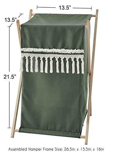 Sweet Jojo Designs Dark Green Boho Chic Baby Kid Clothes Laundry Hamper - Solid Sage Hunter Ivory Bohemian Gender Neutral Linen Tassel Macrame Modern Farmhouse Designer Minimalist Tuft Fringe