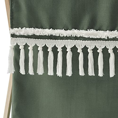 Sweet Jojo Designs Dark Green Boho Chic Baby Kid Clothes Laundry Hamper - Solid Sage Hunter Ivory Bohemian Gender Neutral Linen Tassel Macrame Modern Farmhouse Designer Minimalist Tuft Fringe