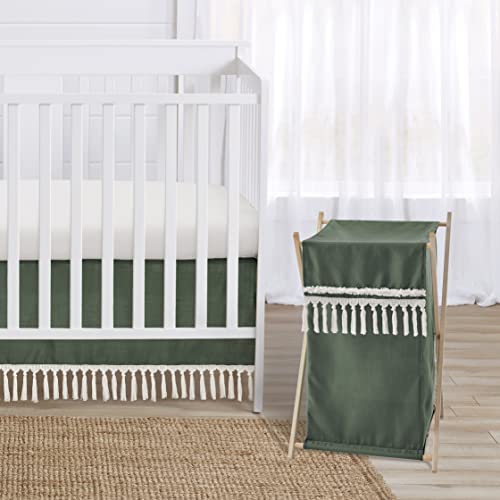 Sweet Jojo Designs Dark Green Boho Chic Baby Kid Clothes Laundry Hamper - Solid Sage Hunter Ivory Bohemian Gender Neutral Linen Tassel Macrame Modern Farmhouse Designer Minimalist Tuft Fringe