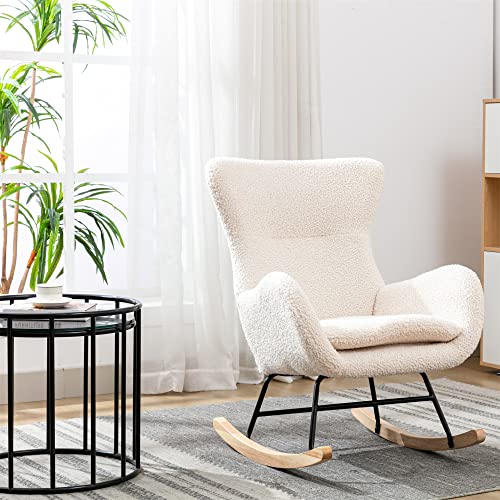 Deolme Modern Teddy Velvet Rocking Accent Chair Upholstered Rocking Glider Chairs Nursery Comfy Rocker Armchair Side Chair for Living Room, Bedroom (Teddy Beige, Type 1)