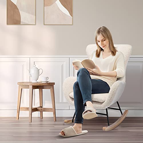 Deolme Modern Teddy Velvet Rocking Accent Chair Upholstered Rocking Glider Chairs Nursery Comfy Rocker Armchair Side Chair for Living Room, Bedroom (Teddy Beige, Type 1)