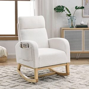 nursery rocking glider chair, modern teddy fabric tall back accent rocker chair upholstered arm chair w/side pockets, modern leisure single sofa for living room, hotel, bedroom, office, white