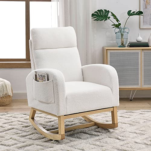 Nursery Rocking Glider Chair, Modern Teddy Fabric Tall Back Accent Rocker Chair Upholstered Arm Chair w/Side Pockets, Modern Leisure Single Sofa for Living Room, Hotel, Bedroom, Office, White