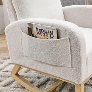 Nursery Rocking Glider Chair, Modern Teddy Fabric Tall Back Accent Rocker Chair Upholstered Arm Chair w/Side Pockets, Modern Leisure Single Sofa for Living Room, Hotel, Bedroom, Office, White