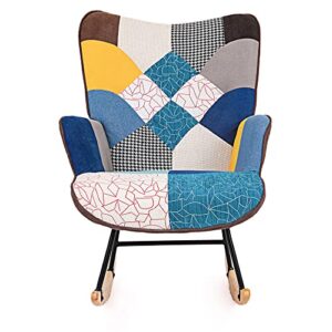 colorful rocking chair for nursery, unique patchwork rocking chair, tufted upholstered rocking chair, comfy wingback glider rocker with safe solid wood base for living room bedroom balcony