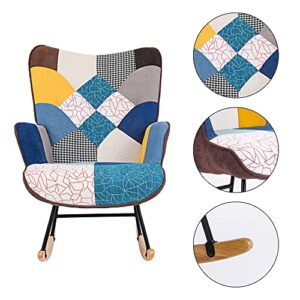 Colorful Rocking Chair for Nursery, Unique Patchwork Rocking Chair, Tufted Upholstered Rocking Chair, Comfy Wingback Glider Rocker with Safe Solid Wood Base for Living Room Bedroom Balcony