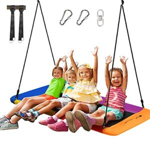 olakids 700lb 60'' giant platform tree swing, adjustable saucer swing seat for kids adults, rectangle multi-color rainbow swing seat with hanging straps for indoor outdoor backyard playground