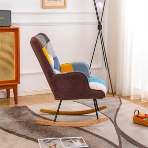 Colorful Rocking Chair for Nursery, Unique Patchwork Rocking Chair, Tufted Upholstered Rocking Chair, Comfy Wingback Glider Rocker with Safe Solid Wood Base for Living Room Bedroom Balcony