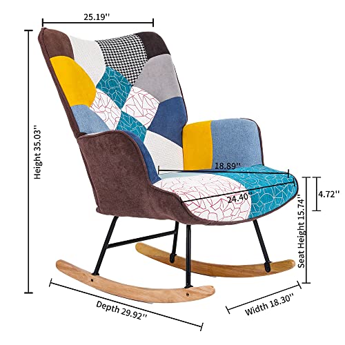 Colorful Rocking Chair for Nursery, Unique Patchwork Rocking Chair, Tufted Upholstered Rocking Chair, Comfy Wingback Glider Rocker with Safe Solid Wood Base for Living Room Bedroom Balcony