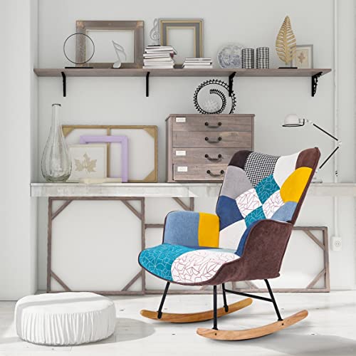 Colorful Rocking Chair for Nursery, Unique Patchwork Rocking Chair, Tufted Upholstered Rocking Chair, Comfy Wingback Glider Rocker with Safe Solid Wood Base for Living Room Bedroom Balcony