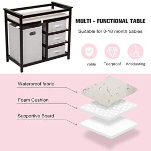 Baby Changing Table - Changing Station with Laundry Hamper, 3 Storage Baskets, and Pad, Multi Storage Nursery Changing Table for Infants or Babies (Dark Brown)