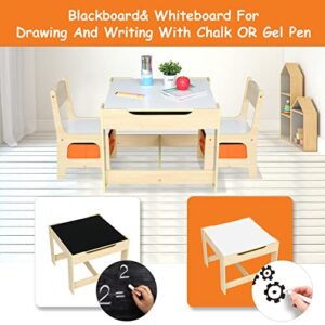 Karl home Kids Table and Chair Set, Multifunctional Children Writing Desk with Interior Storage, Chair with Non-Woven Drawer for Study Room Play Room Dining Room Living Room Natural Wood