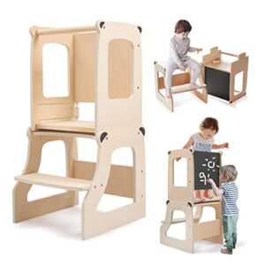 Wooden Kids Step Stool Helper with Safety Rail, Toddlers Learning Chair Adjustable Height Stepping Stand with Drawing Blackboard Child Standing Tower Helper for Bathroom and Kitchen