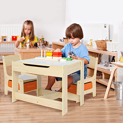 Karl home Kids Table and Chair Set, Multifunctional Children Writing Desk with Interior Storage, Chair with Non-Woven Drawer for Study Room Play Room Dining Room Living Room Natural Wood