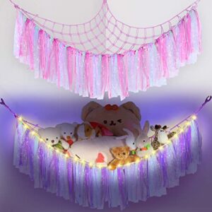 2 Packs Stuffed Animal Net or Hammock with LED Light Plush Toy Hammock Stuffed Animal Storage Holder Hanging Kids Toy Organizers and Storage Net with Tassels for Kids Bedroom Nursery Play Room Decor