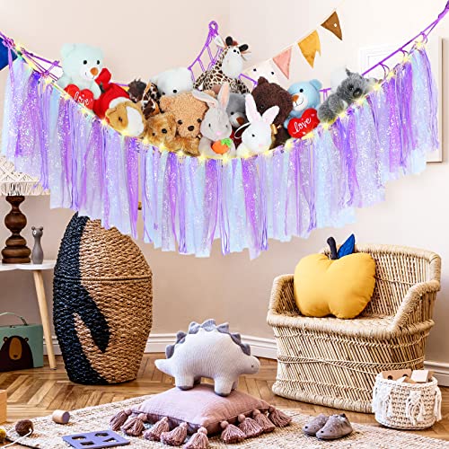 2 Packs Stuffed Animal Net or Hammock with LED Light Plush Toy Hammock Stuffed Animal Storage Holder Hanging Kids Toy Organizers and Storage Net with Tassels for Kids Bedroom Nursery Play Room Decor