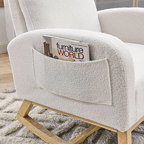 JEEOHEY Nursery Rocking Chair, Modern Upholstered Teddy Fabric Rocker Glider Chairs Single Sofa Chair Leisure Armchair with Solid Wood Legs, Side Pockets, White