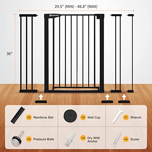 Papacare 36" Extra Tall Baby Gate for Stairs Doorways, Fits Openings of 29.5" to 48.8" Wide, Auto Close Extra Wide Baby and Pet Gate for Doorways and Stairways,Pressure Mounted Dog Gates, Black