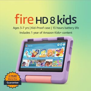 amazon fire hd 8 kids tablet, 8" hd display, ages 3-7, includes 2-year worry-free guarantee, kid-proof case, 64 gb, (2022 release), purple