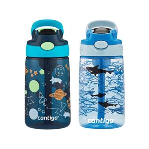 contigo kids water bottle with straw - 2 pack, 14 oz, autospout technology – spill proof, easy-clean lid design ages 3 plus, dishwasher safe cosmos & gummy sharks