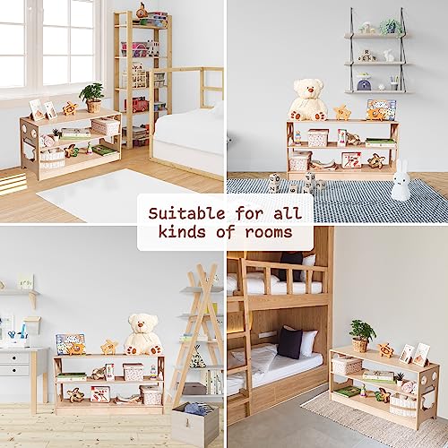 Woodandhearts Montessori 3 Tier Shelf - Low Open Shelf for Toddler - Wooden Floor Kids Organizer - Nursery Shelf for Storage (Natural wood, Low shelf "in order"))