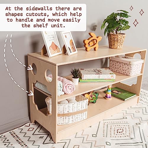 Woodandhearts Montessori 3 Tier Shelf - Low Open Shelf for Toddler - Wooden Floor Kids Organizer - Nursery Shelf for Storage (Natural wood, Low shelf "in order"))