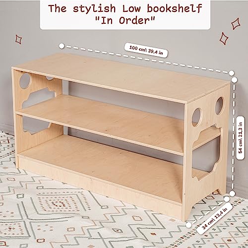 Woodandhearts Montessori 3 Tier Shelf - Low Open Shelf for Toddler - Wooden Floor Kids Organizer - Nursery Shelf for Storage (Natural wood, Low shelf "in order"))