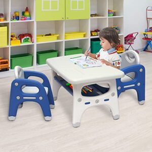 kintness kids table and 2 chair set - activity table with storage shelf for children, toddler table & chair set for kindergarten (blue + white)