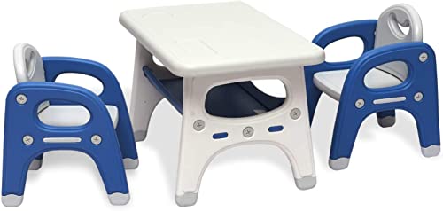 KINTNESS Kids Table and 2 Chair Set - Activity Table with Storage Shelf for Children, Toddler Table & Chair Set for Kindergarten (Blue + White)