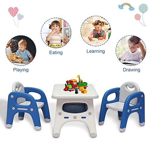KINTNESS Kids Table and 2 Chair Set - Activity Table with Storage Shelf for Children, Toddler Table & Chair Set for Kindergarten (Blue + White)