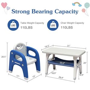 KINTNESS Kids Table and 2 Chair Set - Activity Table with Storage Shelf for Children, Toddler Table & Chair Set for Kindergarten (Blue + White)