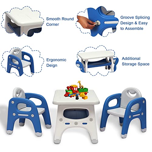 KINTNESS Kids Table and 2 Chair Set - Activity Table with Storage Shelf for Children, Toddler Table & Chair Set for Kindergarten (Blue + White)