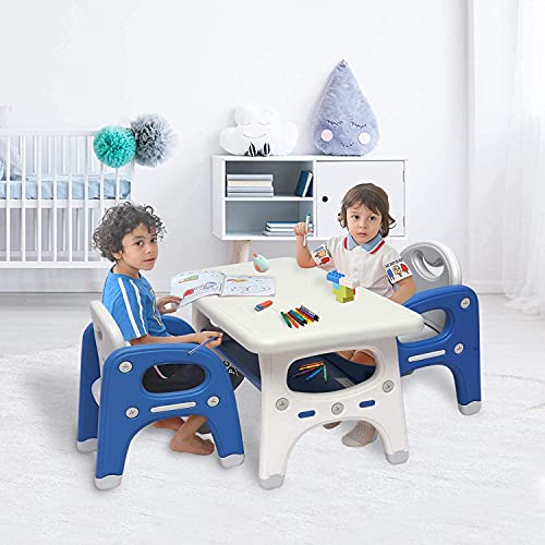 KINTNESS Kids Table and 2 Chair Set - Activity Table with Storage Shelf for Children, Toddler Table & Chair Set for Kindergarten (Blue + White)