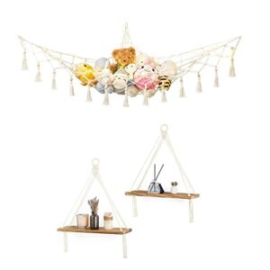 Dahey Stuffed Animal Storage Net Hammock and Macrame Hanging Shelf for Nursery Bedroom Bathroom Living Room Dorm Room