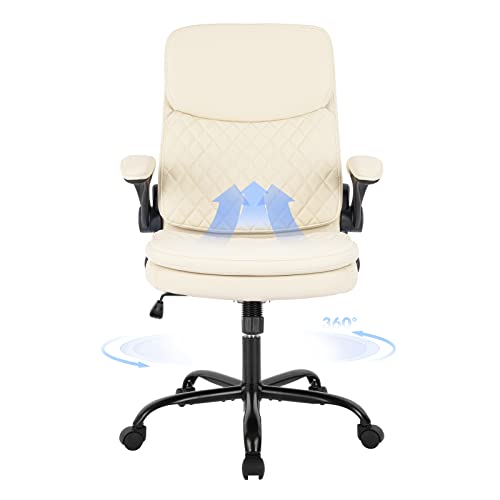 COLAMY Office Chair High Back Executive Computer Chair-Ergonomic Home Office Chair with Padded Flip-up Arms, Adjustable Height and Tilt Lock, Swivel Task Chair with Thick Leather for Comfort, Ivory