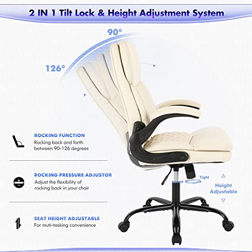 COLAMY Office Chair High Back Executive Computer Chair-Ergonomic Home Office Chair with Padded Flip-up Arms, Adjustable Height and Tilt Lock, Swivel Task Chair with Thick Leather for Comfort, Ivory