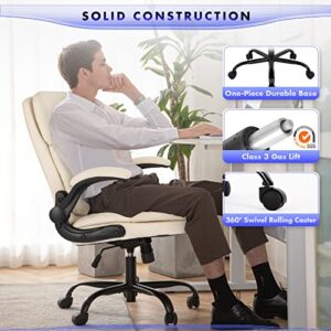 COLAMY Office Chair High Back Executive Computer Chair-Ergonomic Home Office Chair with Padded Flip-up Arms, Adjustable Height and Tilt Lock, Swivel Task Chair with Thick Leather for Comfort, Ivory