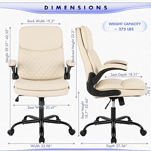 COLAMY Office Chair High Back Executive Computer Chair-Ergonomic Home Office Chair with Padded Flip-up Arms, Adjustable Height and Tilt Lock, Swivel Task Chair with Thick Leather for Comfort, Ivory