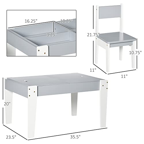 Qaba 3 Pcs Kids Table and Chair Set with Storage Under Tabletop, Activity Table and 2 Chairs, Kids Drawing Table for Playroom Furniture, Grey