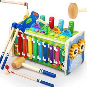 weelikee 8-in-1 wooden hammering pounding toys for 1 2 3 4 year old boys and girls, wooden montessori toys for babies, whack a mole game with xylophone and fishing game toddler activities gift